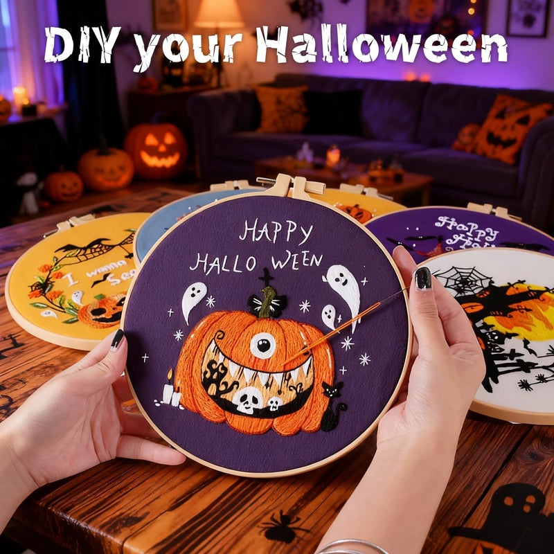 BBLYBD Halloween Embroidery Kit, Pumpkin Cross Stitch Kits, 4 Set Craft Kits for Beginners with Pre-Printed Embroidery Fabric, Hoops, Step-by-Step Instructions, Color Threads & Needles (Halloween-4 Set) - Image 5